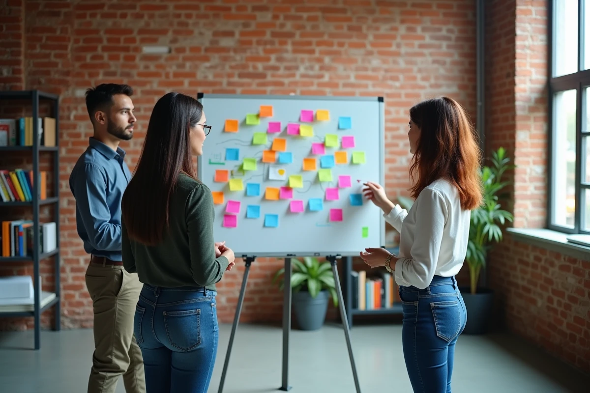 Équipe de jeunes professionnels en brainstorming dans un espace de coworking