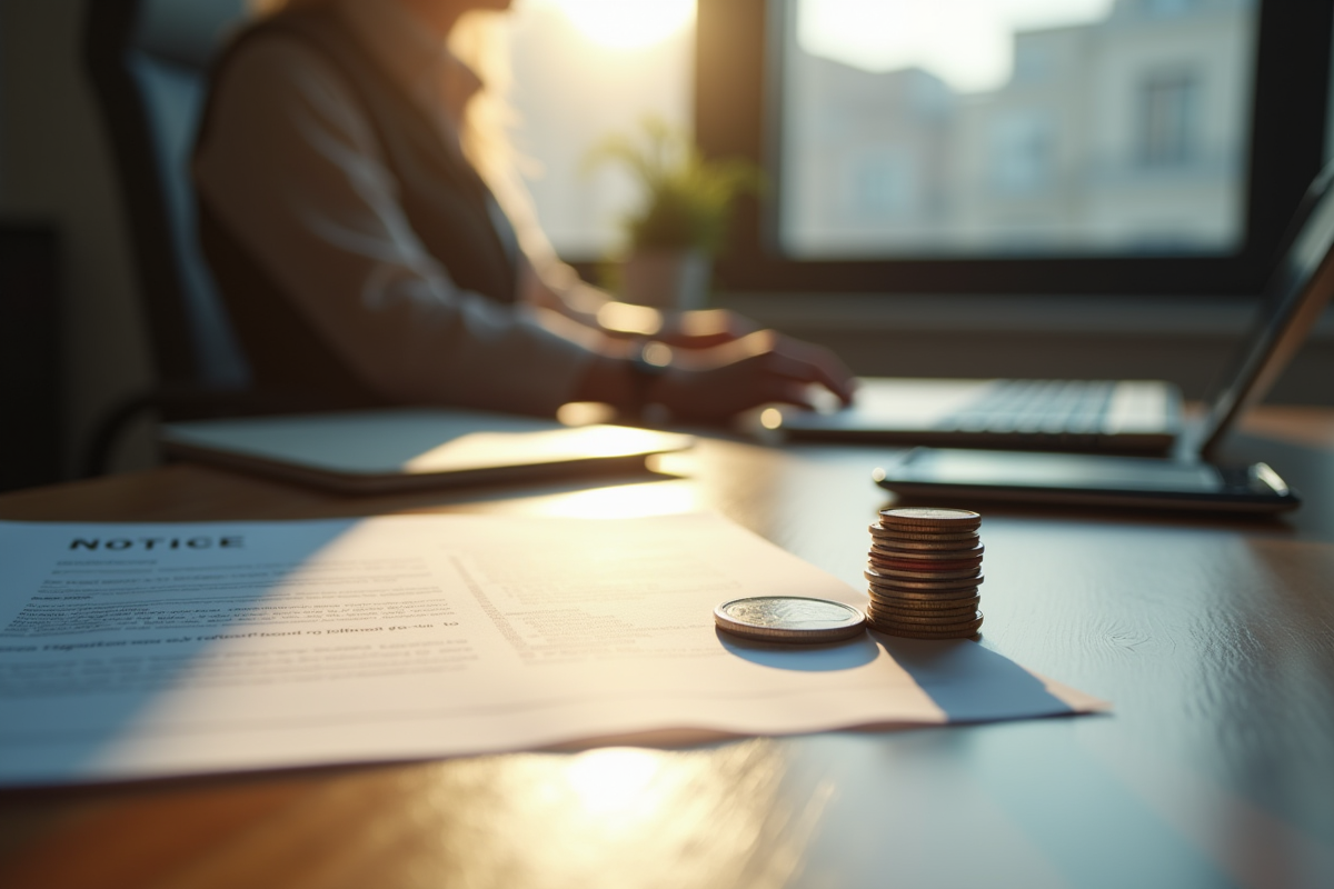 Bureau vide avec avis de licenciement et pièces de monnaie
