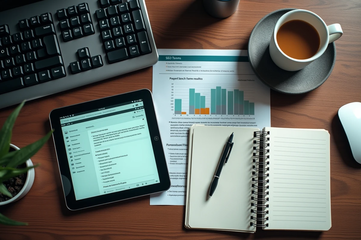 Vue aérienne d'un bureau avec rapport SEO imprimé, tablette affichant des résultats de recherche et notes manuscrites sur les requêtes suspectes