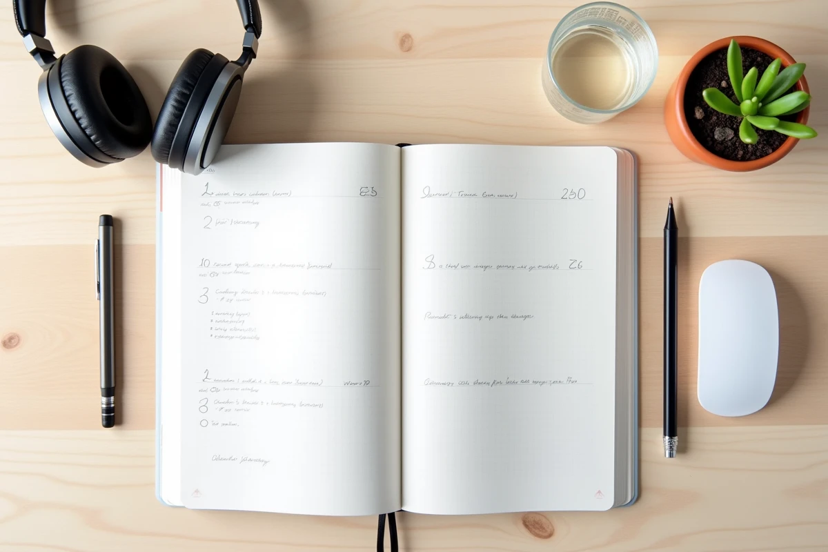 Vue de dessus d'un bureau de télétravail bien organisé avec agenda, casque audio et accessoires productivité