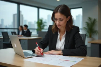 Femme au bureau entourant des dates sur un calendrier papier pour calculer des jours ouvrables et ouvrés
