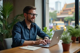 Consultant SEO français travaillant sur son ordinateur portable dans un espace de coworking à Chiang Mai, entouré de végétation tropicale et d'une architecture thaïlandaise en arrière-plan