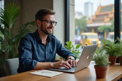 Consultant SEO français travaillant sur son ordinateur portable dans un espace de coworking à Chiang Mai, entouré de végétation tropicale et d'une architecture thaïlandaise en arrière-plan