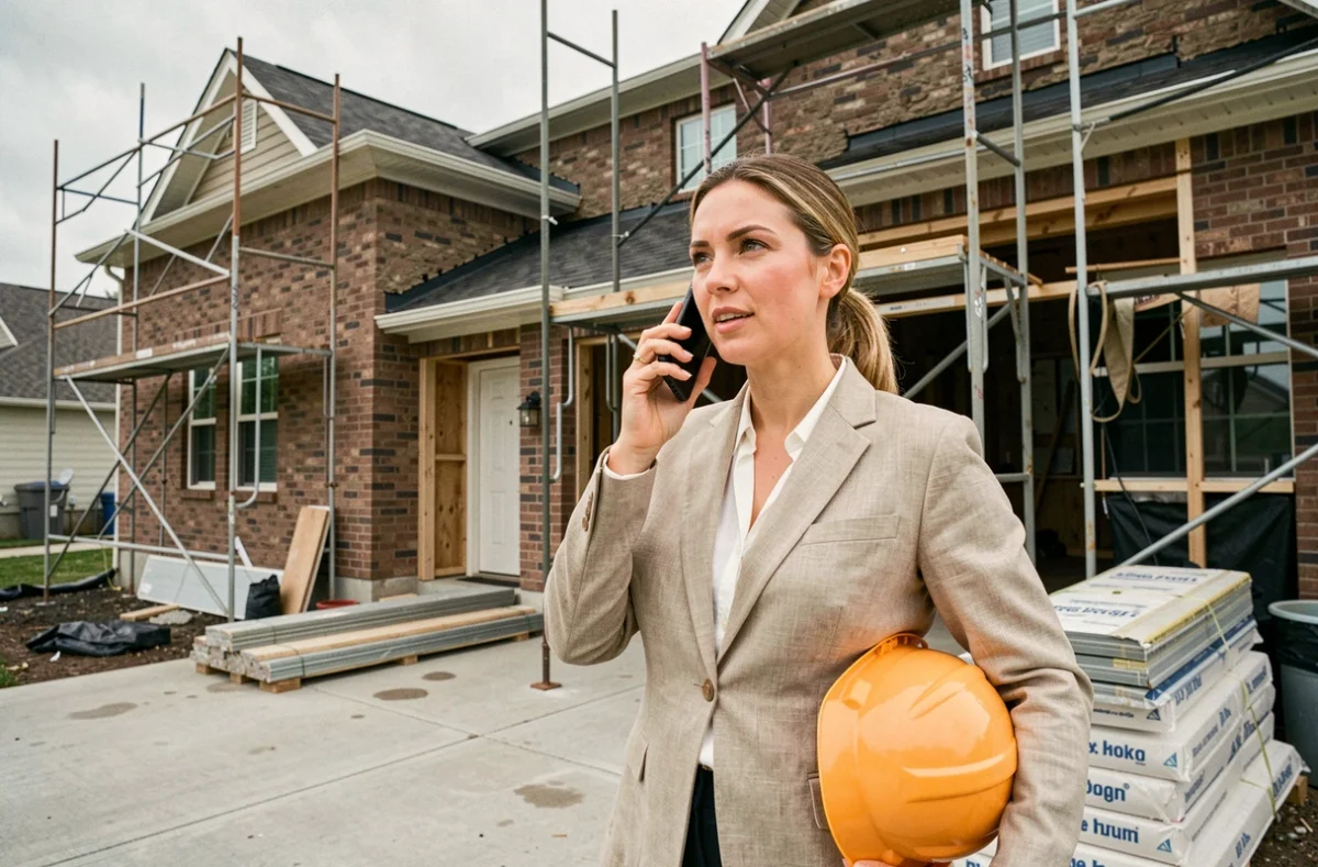 Cheffe de projet en rénovation résidentielle discutant avec un client par téléphone devant un chantier