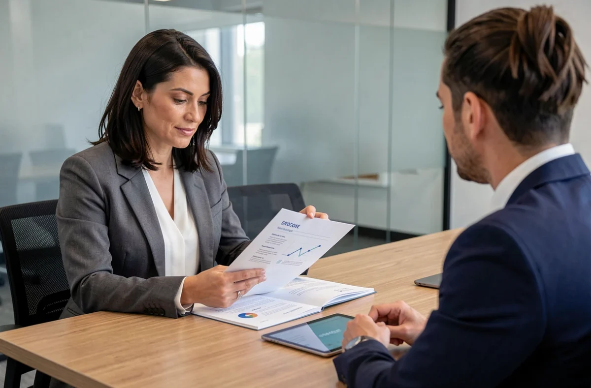 Consultante de l'agence web et conseil digital Cogri présentant une stratégie digitale à un client dans une salle de réunion