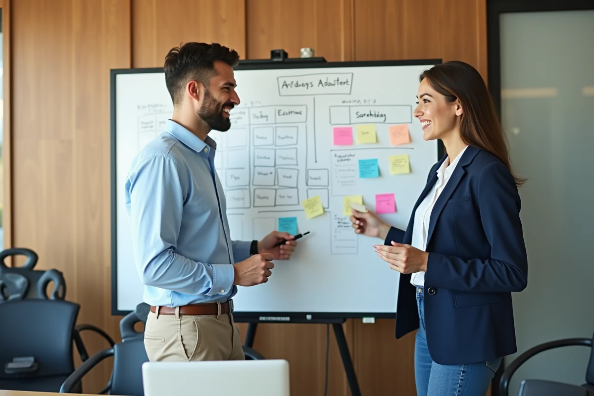 Jeune homme ajustant un planning avec une collègue dans une salle de réunion