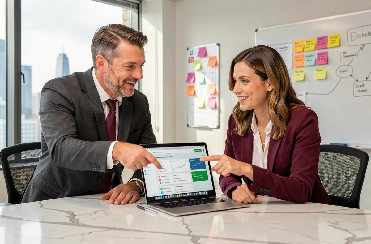 Deux professionnels B2B collaborant autour d'une plateforme de génération de leads sur ordinateur