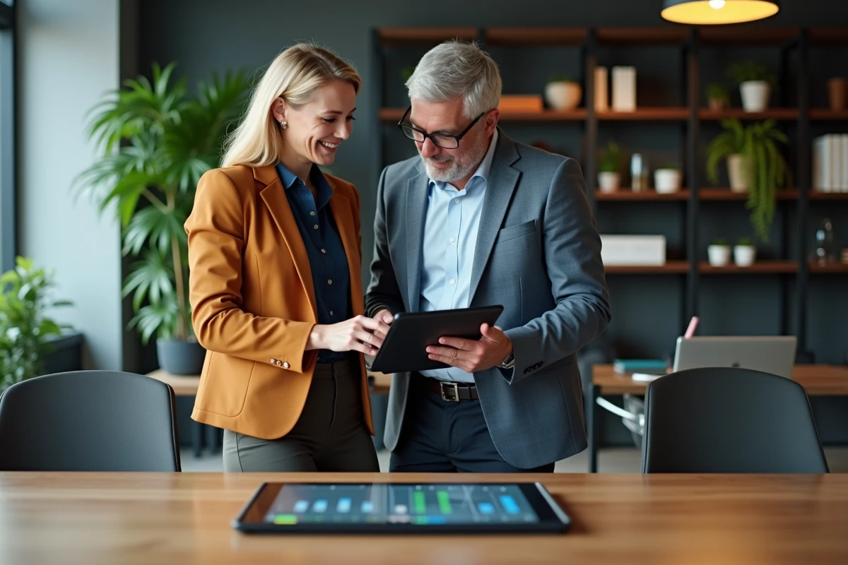 Deux professionnels collaborant avec une tablette dans un bureau moderne