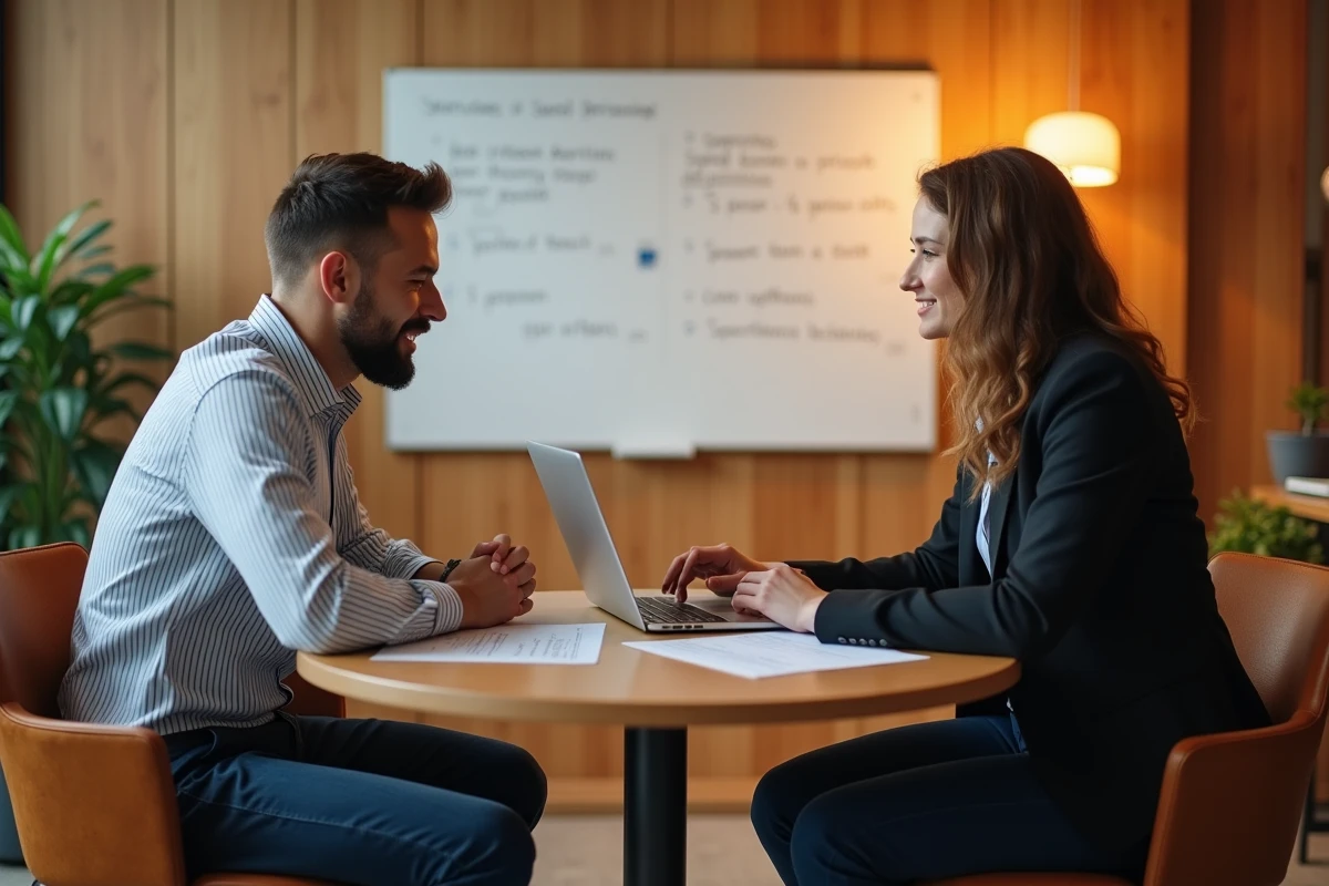 Deux collègues discutant de CV et de citations professionnelles dans un espace de co-working, illustrant les proverbes sur le travail pour un profil LinkedIn