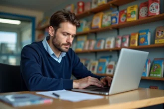 Homme d'âge moyen utilisant un ordinateur dans un magasin