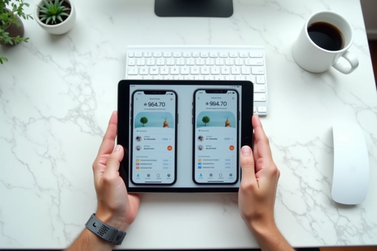 Comparaison accès compte Advango sur Android et iOS, deux appareils mobiles côte à côte sur bureau