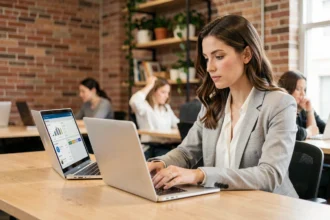 Entrepreneuse comparant deux plateformes en ligne sur deux ordinateurs portables dans un espace de coworking moderne, illustrant la migration de Systeme.io vers Stan.store