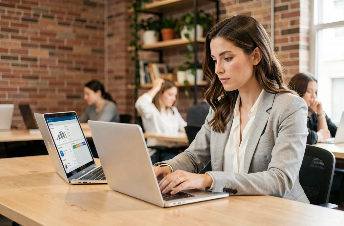Entrepreneuse comparant deux plateformes en ligne sur deux ordinateurs portables dans un espace de coworking moderne, illustrant la migration de Systeme.io vers Stan.store