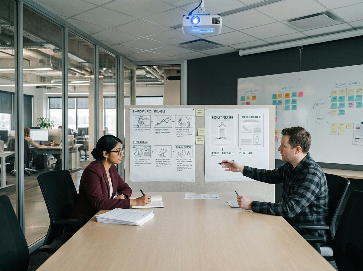 Deux designers comparant une publicité classique et un storyboard de contenu de marque en réunion d'agence, illustrant les différences stratégiques entre les deux approches