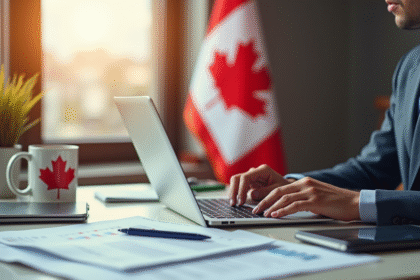 Comptable canadien au bureau avec drapeau et tasse de sirop d'érable