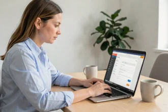 Femme configurant les paramètres de son compte sur une plateforme de gestion documentaire sécurisée comme My Arkevia