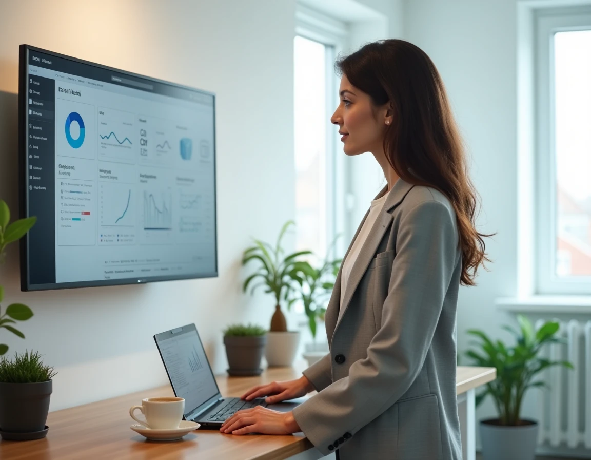 Professionnelle en bureau minimaliste debout devant un écran affichant une interface de connexion Power BI Service avec des données en streaming