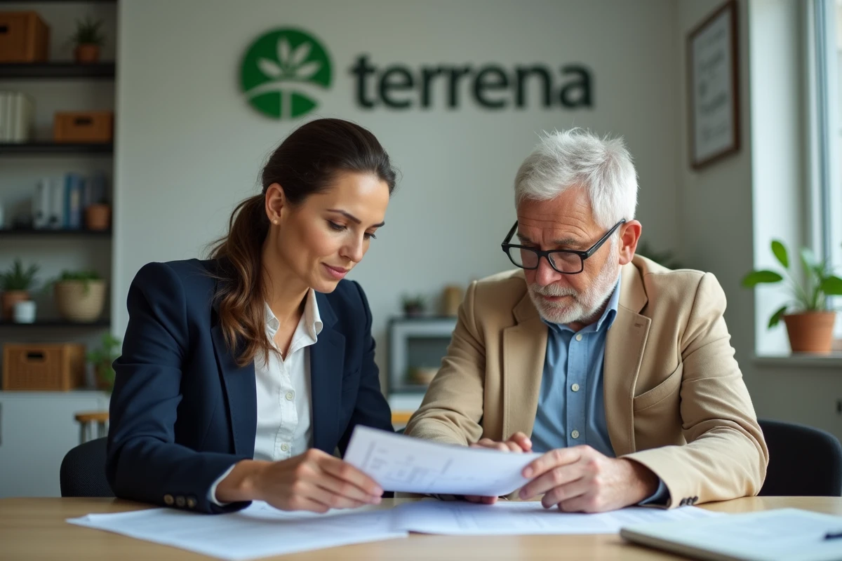 Conseillers agricoles Terrena consultant un espace Terciel sur tablette lors d'une réunion en agence coopérative