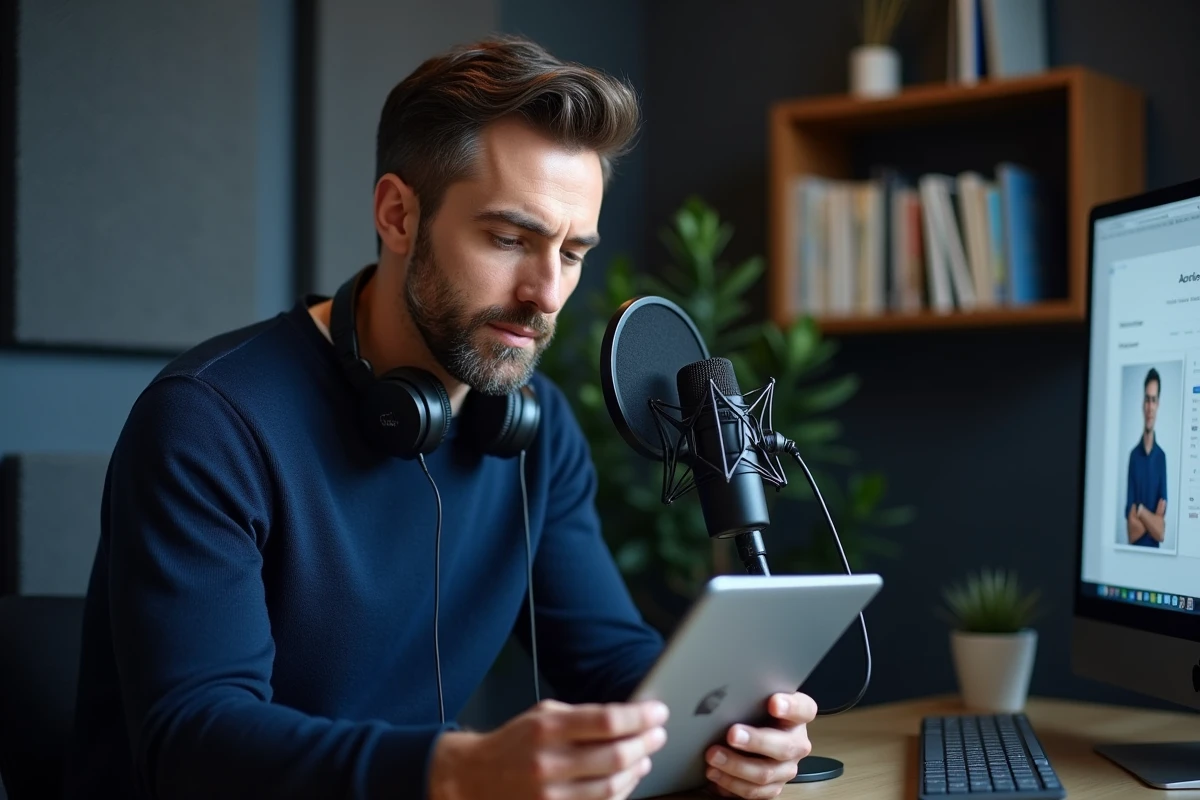 Homme en télétravail enregistrant un podcast ou une consultation en ligne depuis un bureau à domicile professionnel
