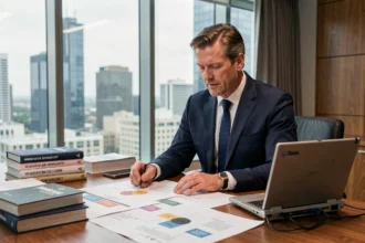 Consultant analysant des organigrammes de management dans une salle de réunion corporate inspirée des méthodes American Management Systems