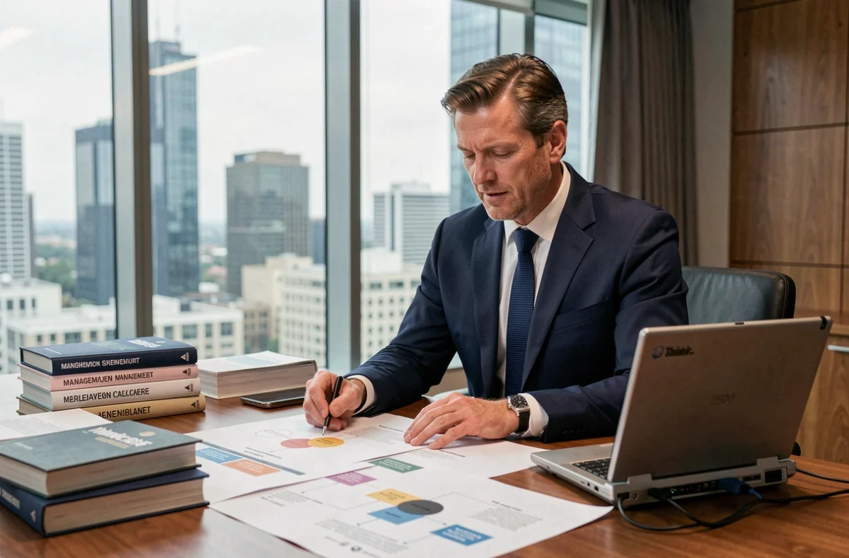 Consultant analysant des organigrammes de management dans une salle de réunion corporate inspirée des méthodes American Management Systems