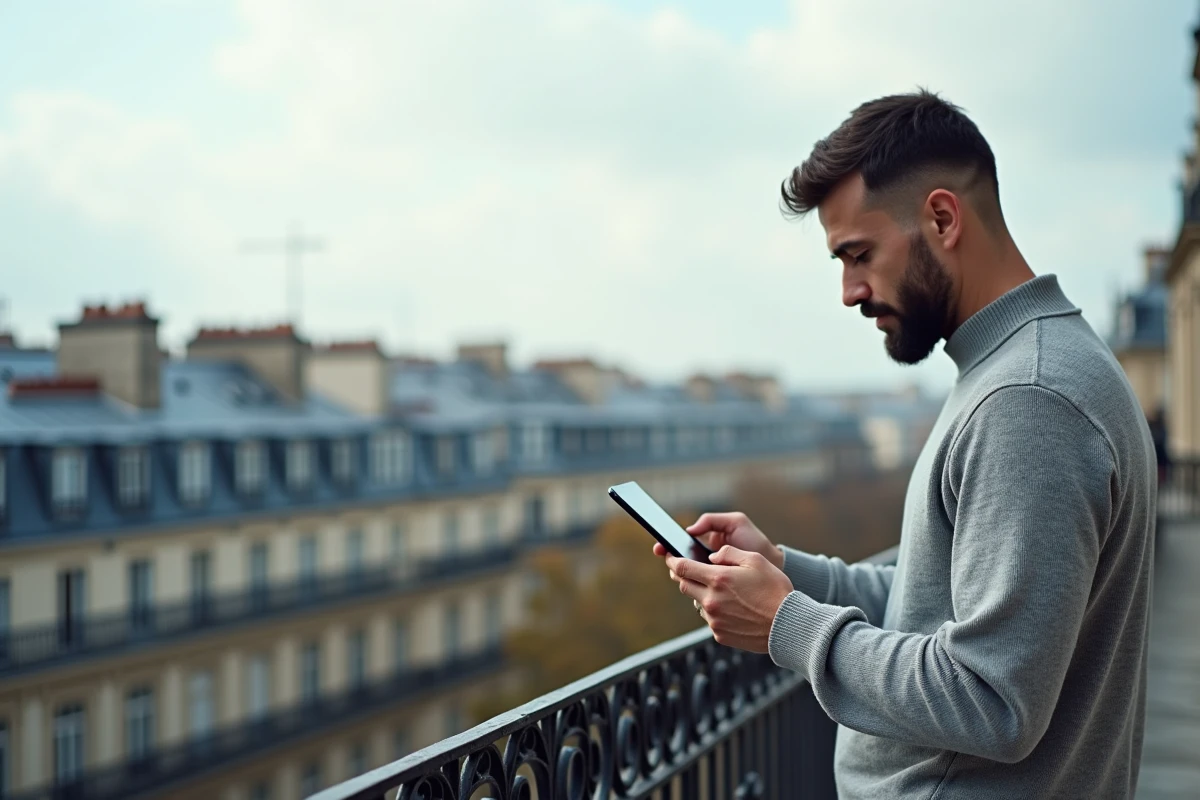 Expert SEO consultant sur un balcon parisien haussmannien consultant des données analytiques sur une tablette avec les toits de Paris en fond