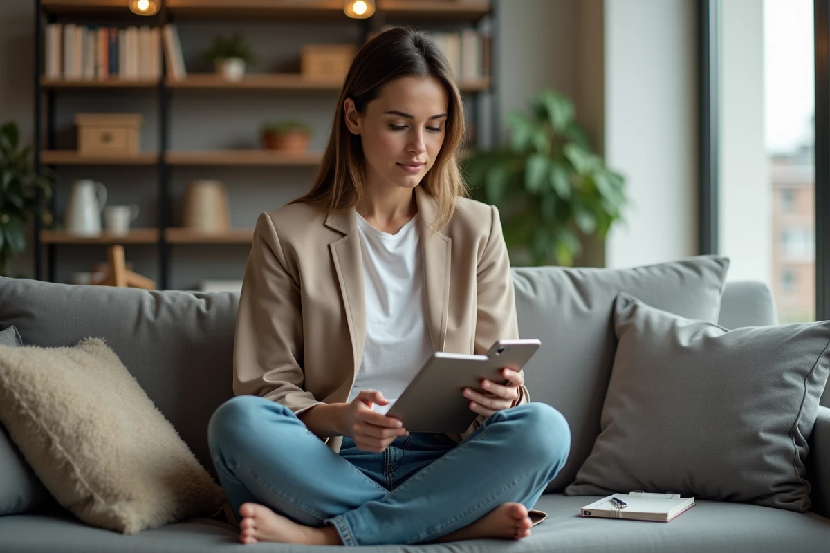 Consultante freelance en appel client depuis son appartement, illustrant le télétravail indépendant en 2026