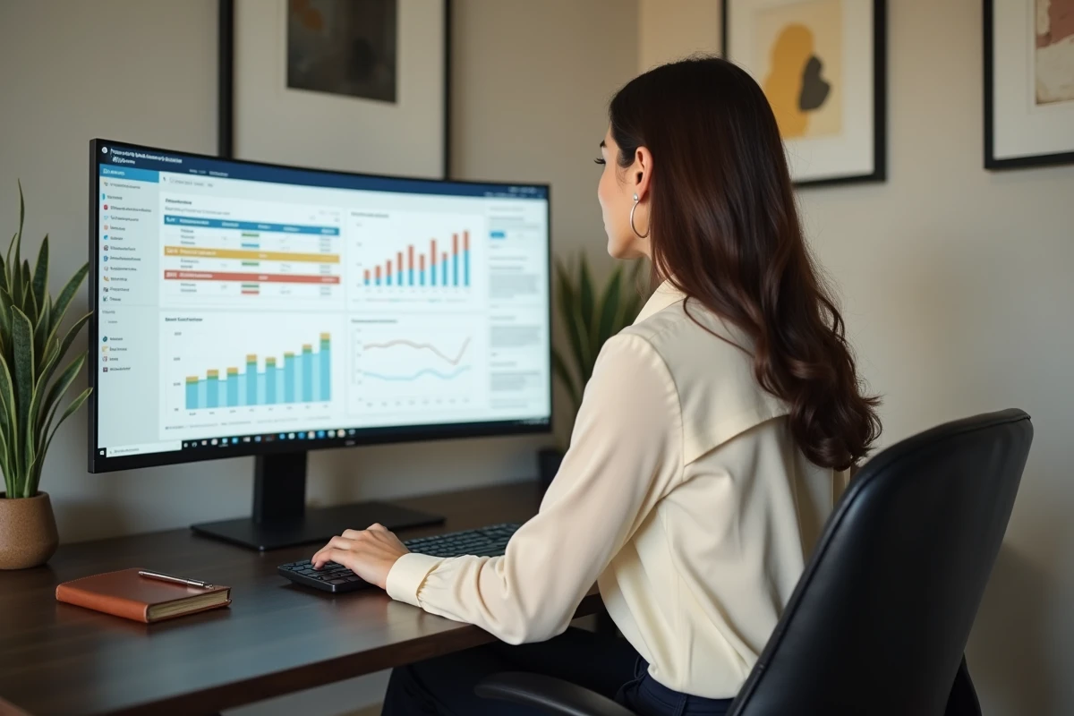 Consultante en cabinet de conseil utilisant un outil de pilotage digital pour le suivi de performance client