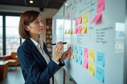 Consultante en stratégie analysant un cadre des 5P sur un tableau blanc dans un bureau moderne
