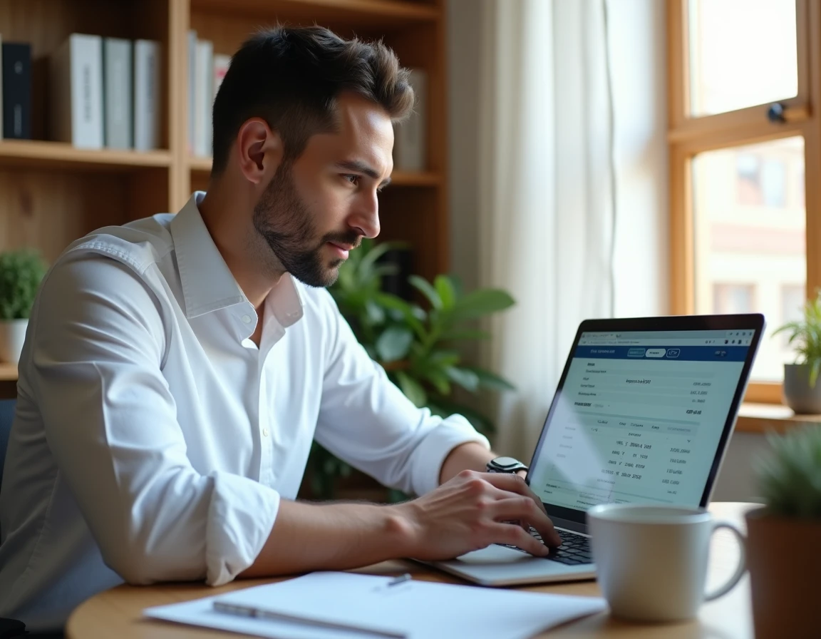 Homme consultant un portail de gestion de paie en ligne depuis son bureau à domicile