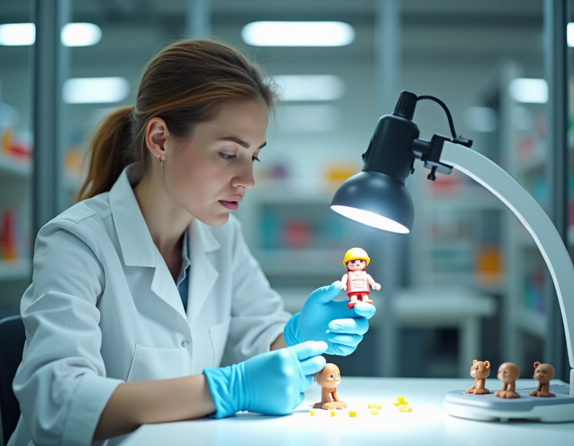 Technicienne en contrôle qualité inspectant une figurine Playmobil fraîchement moulée dans un atelier d'usine