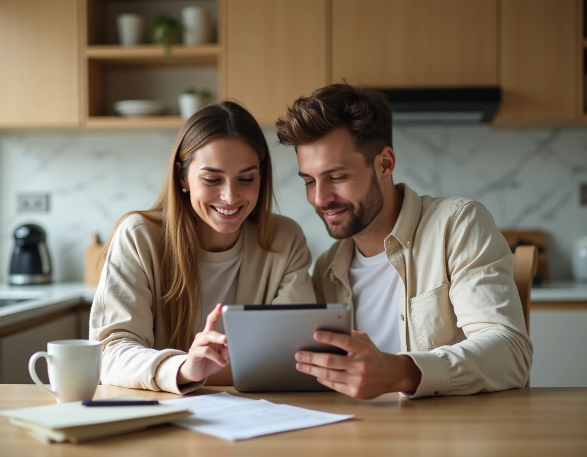 Couple consultant le site declarationexpertise.fr sur une tablette pour leur déclaration immobilière dans une cuisine moderne