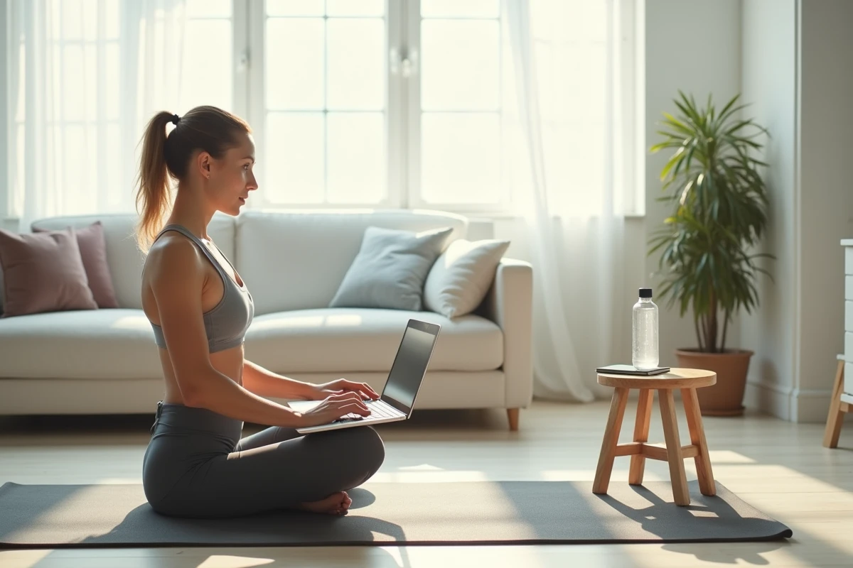 Femme donnant un cours de fitness en ligne depuis son salon avec tapis de yoga
