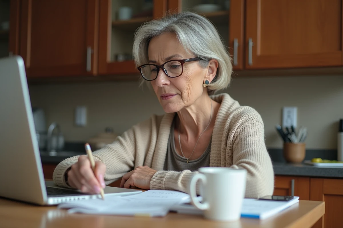 Femme donnant des cours particuliers en ligne depuis sa cuisine avec un cahier de maths