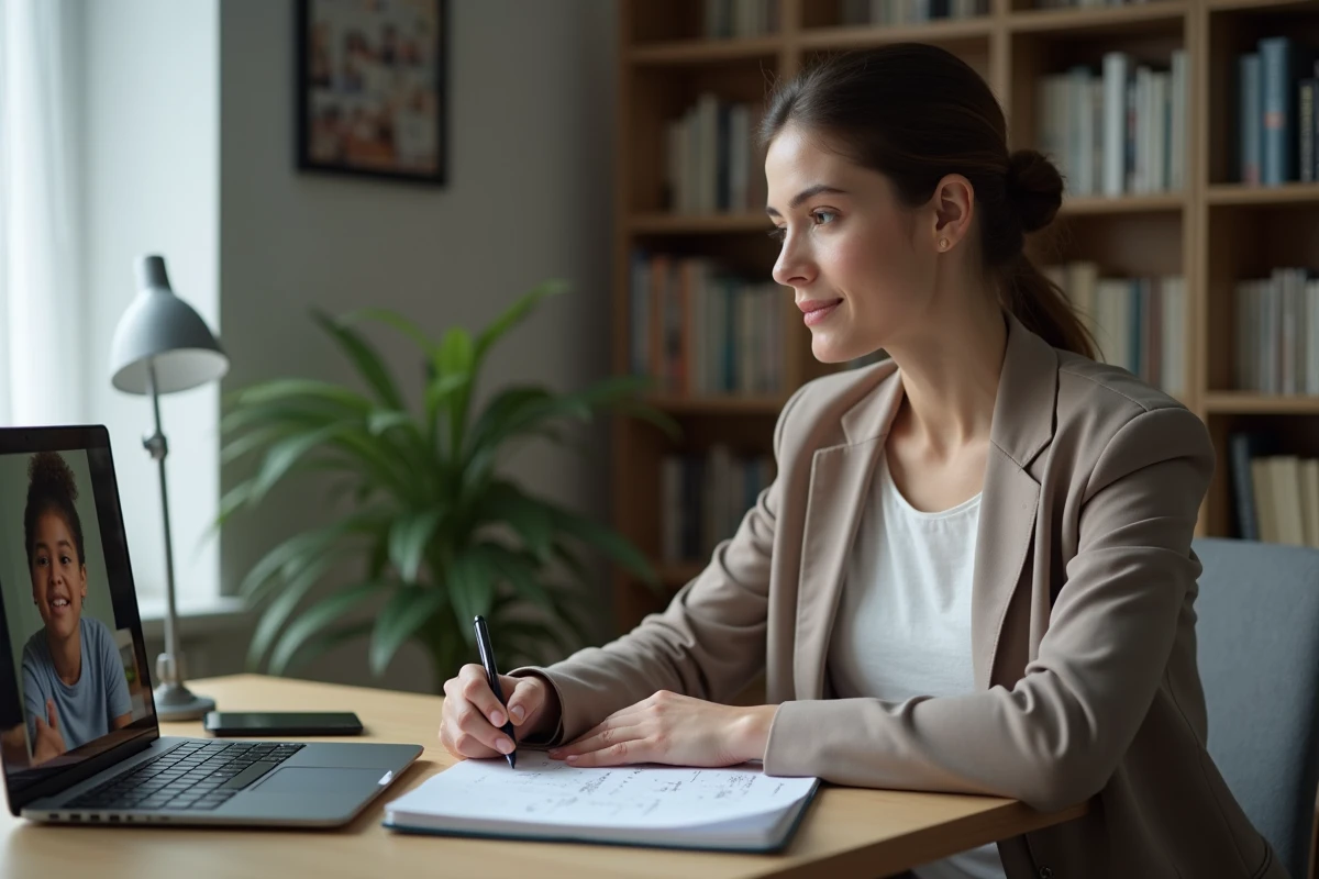 Femme donnant des cours particuliers de mathématiques en visioconférence depuis son bureau à domicile