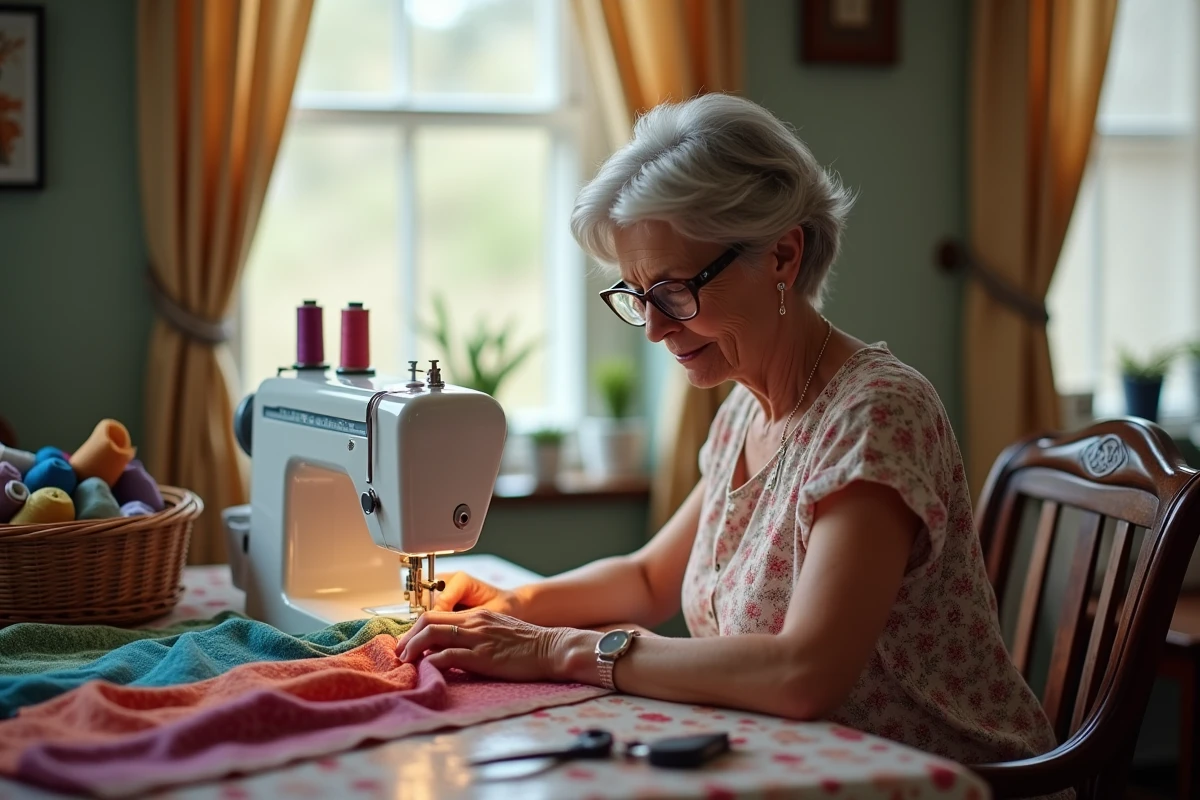 Femme d'âge moyen cousant à la machine à coudre chez elle avec des tissus colorés