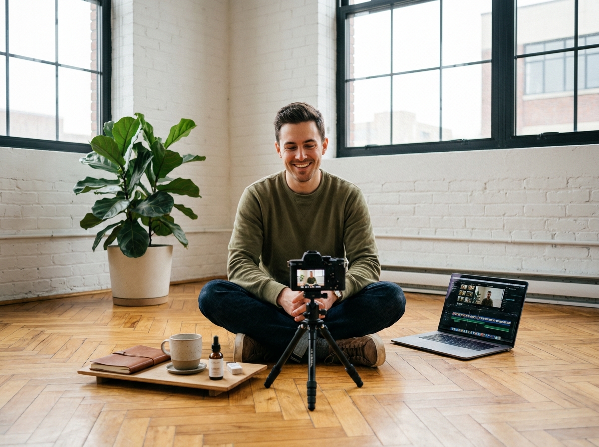 Créateur de contenu filmant une vidéo de marque authentique dans un appartement minimaliste, illustrant le branded content moderne