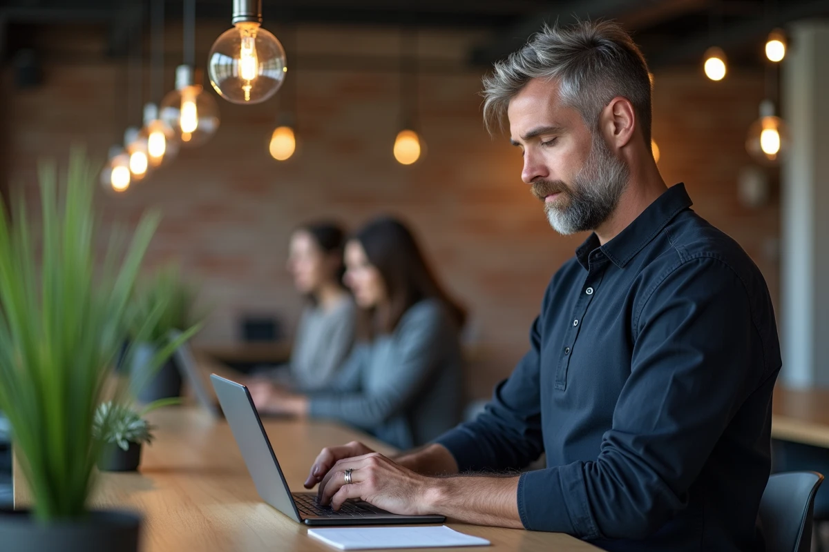 Homme en train de créer sa micro-entreprise en ligne depuis un espace de coworking moderne