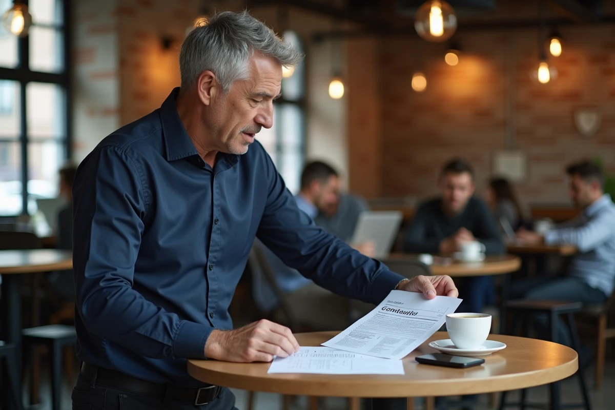 Homme consultant des documents administratifs pour cumul emploi salarié et micro-entreprise dans un café