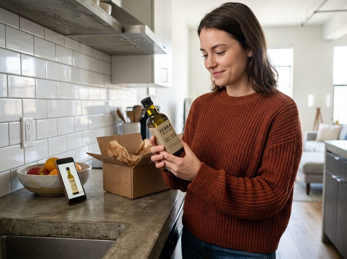 Femme déballant un produit alimentaire conforme à sa photo en ligne dans une cuisine moderne, sentiment de confiance achat