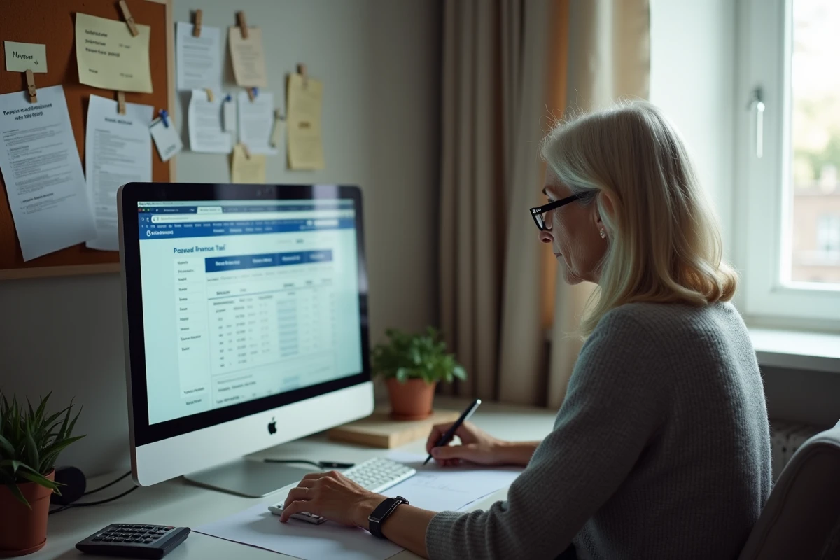 Femme concentrée devant son ordinateur de bureau à domicile pour remplir sa déclaration fiscale en ligne entourée de dossiers administratifs