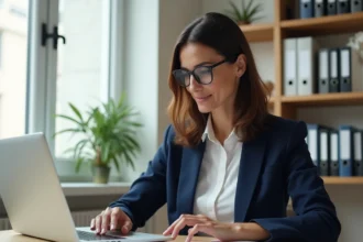 Femme professionnelle remplissant des formulaires de déclaration immobilière sur un bureau moderne avec un ordinateur portable