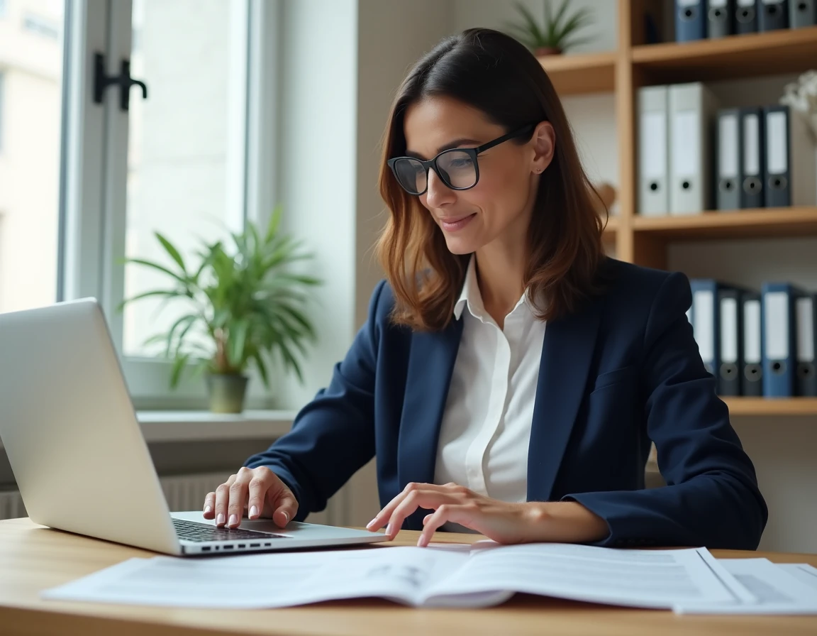 Femme professionnelle remplissant des formulaires de déclaration immobilière sur un bureau moderne avec un ordinateur portable