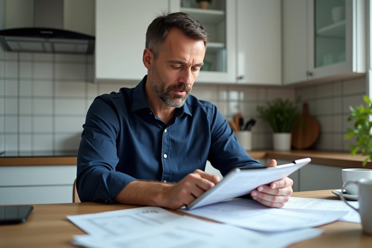 Homme consultant sa tablette et des documents fiscaux à la table de cuisine pour déclarer ses revenus de travail à domicile