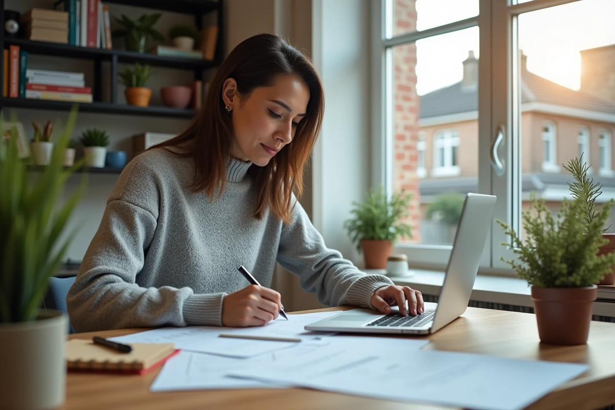 Femme en télétravail remplissant sa déclaration de revenus à son bureau à domicile avec des documents fiscaux et un ordinateur portable