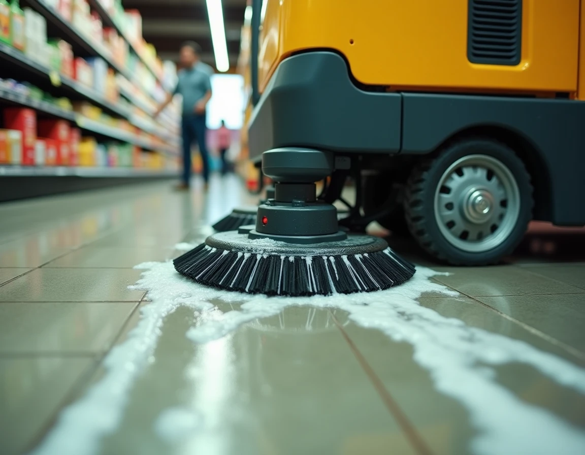 Détail des brosses et raclette d'une autolaveuse autoportée en action sur le carrelage d'un supermarché