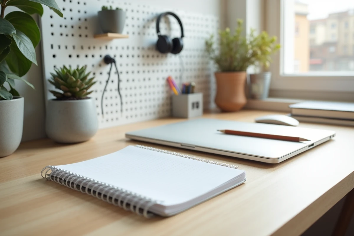 Gros plan d'un bureau de télétravail bien organisé avec agenda, ordinateur portable, plante succulente et panneau mural rangement pegboard