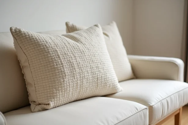 Gros plan sur un coussin de canapé en tissu bouclé dense et texturé, mettant en valeur la qualité et le confort du rembourrage SOFFRAN