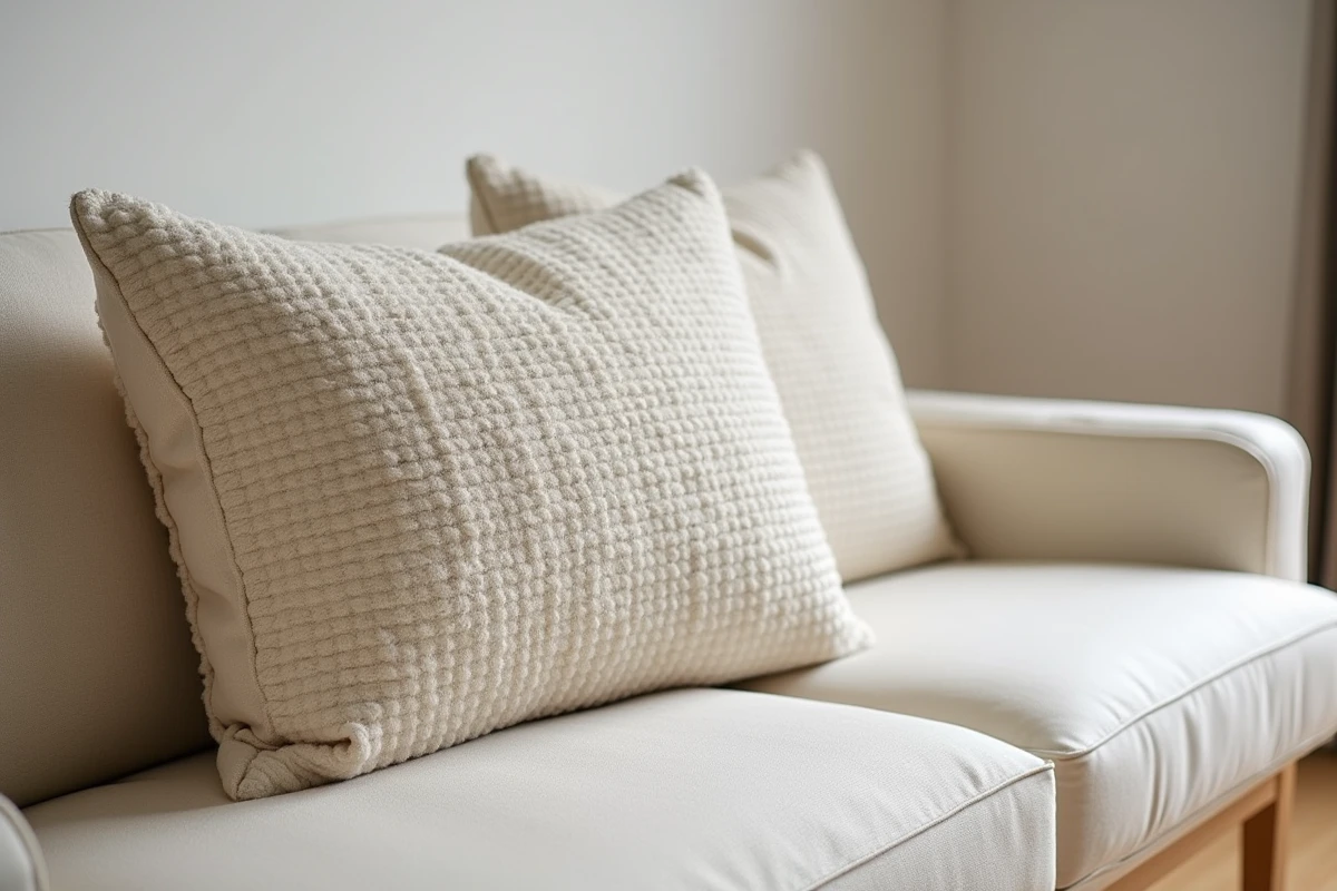 Gros plan sur un coussin de canapé en tissu bouclé dense et texturé, mettant en valeur la qualité et le confort du rembourrage SOFFRAN