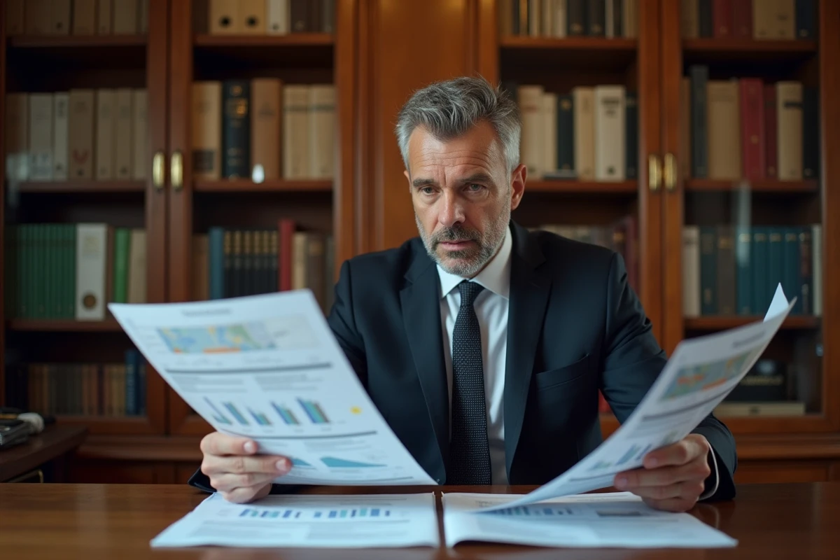 Directeur de collectivité territoriale consultant des rapports économiques locaux dans un bureau de mairie traditionnelle
